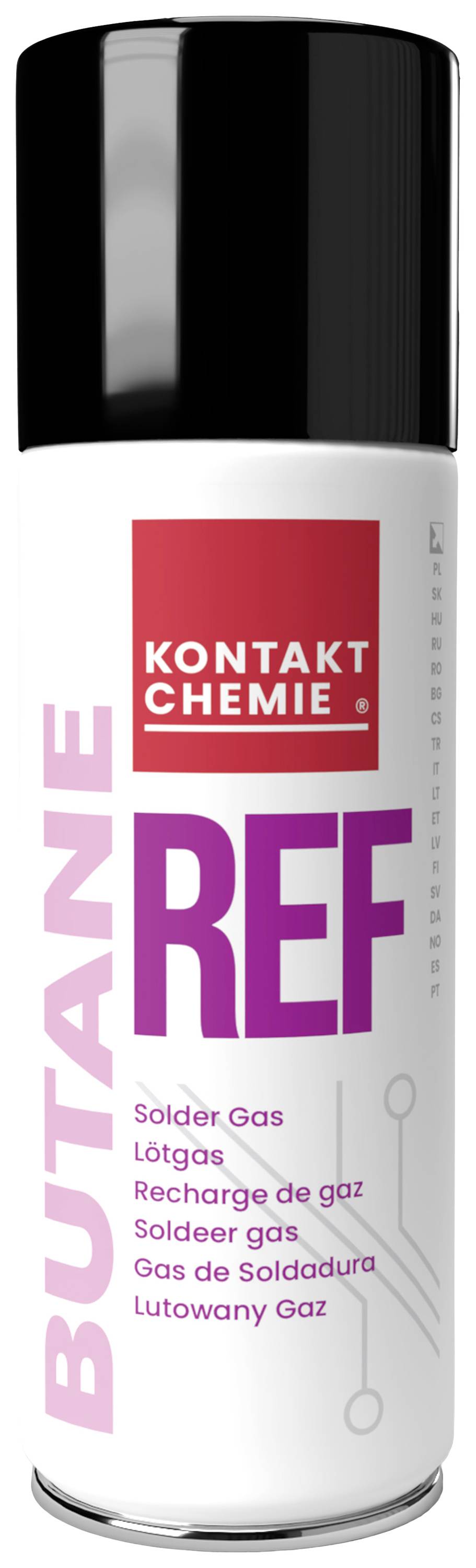 Sprej 'Butane REF' od firmy Kontakt Chemie, používaný jako pájecí plyn. Černý uzávěr, bílá láhev s fialovým nápisem.