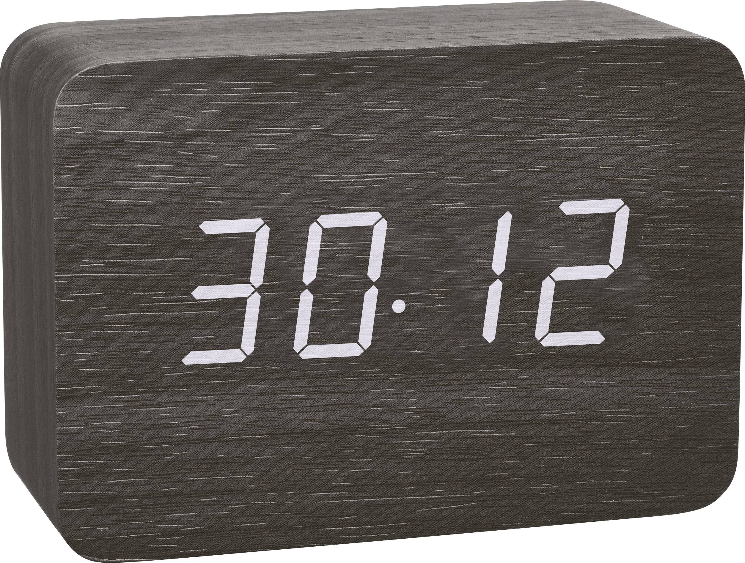 Digitální hodiny ukazují neobvyklý čas '30:12' a mají tmavé pouzdro připomínající dřevo.