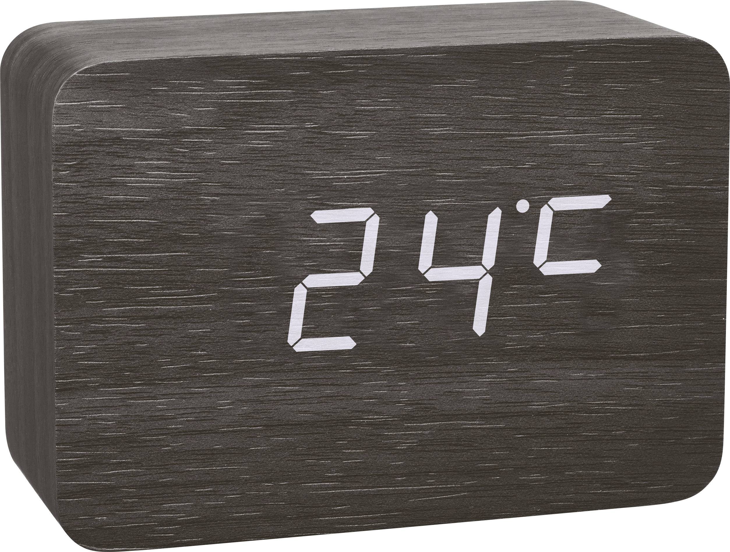 Digitální hodiny s designem dřeva zobrazují '24°C' bílým písmem.