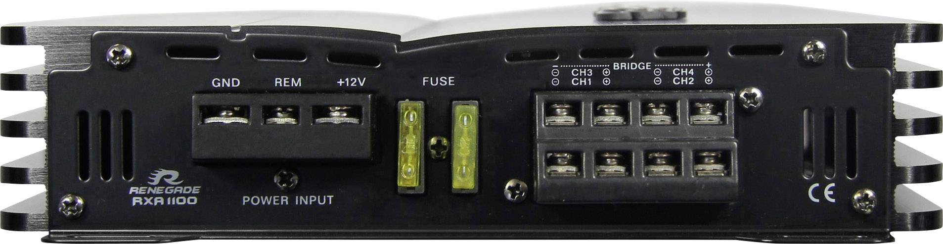 Černý zesilovač s připojeními a pojistkovými držáky, pod kterými je nápis 'POWER INPUT'. Značka 'RENEGADE RXA1800'.