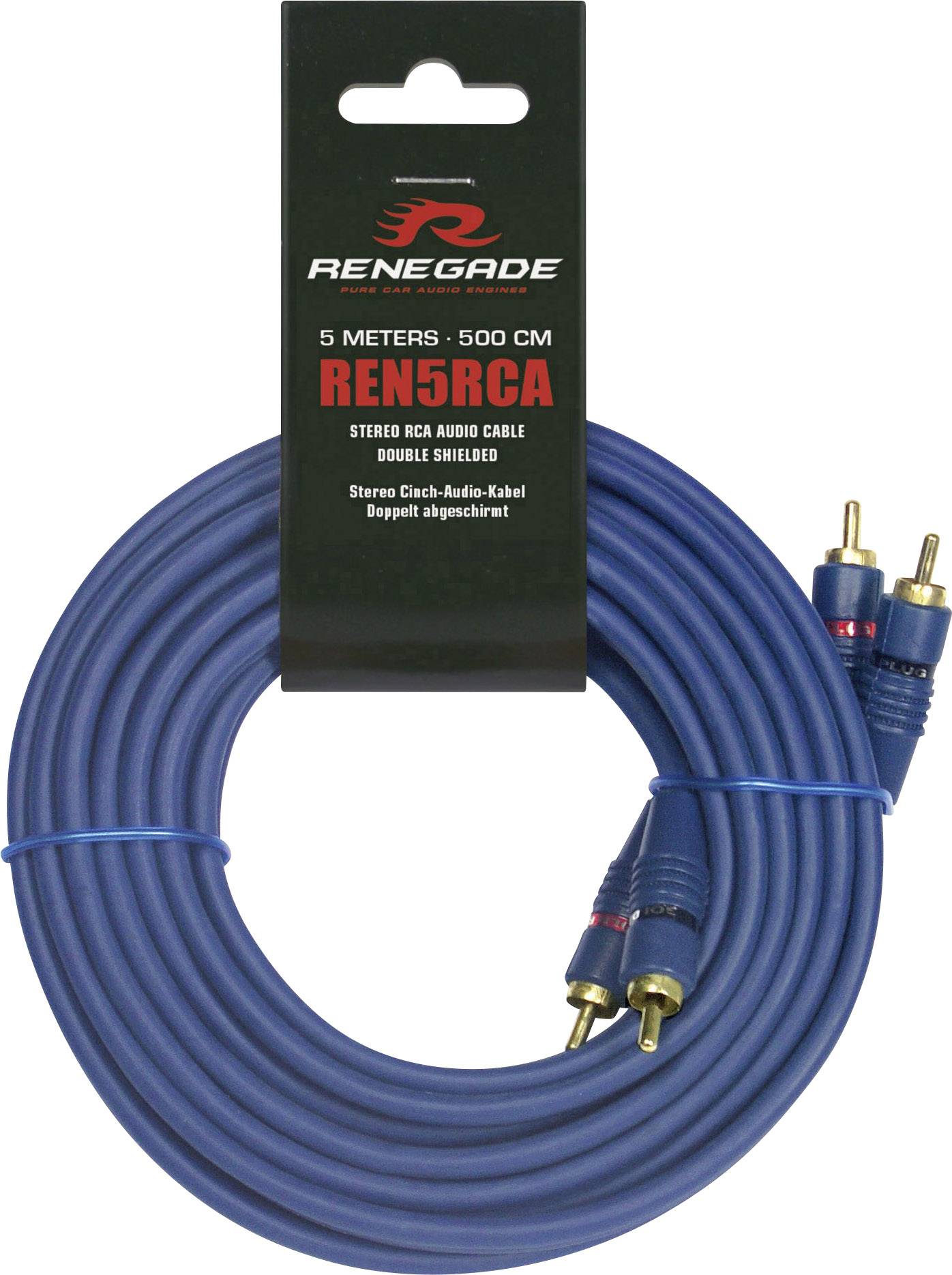 Modré stereofonní RCA audio propojovací kabely, délka 5 metrů, dvojitě stíněné, od značky Renegade, katalogové číslo REN5RCA, se dvěma konektory.