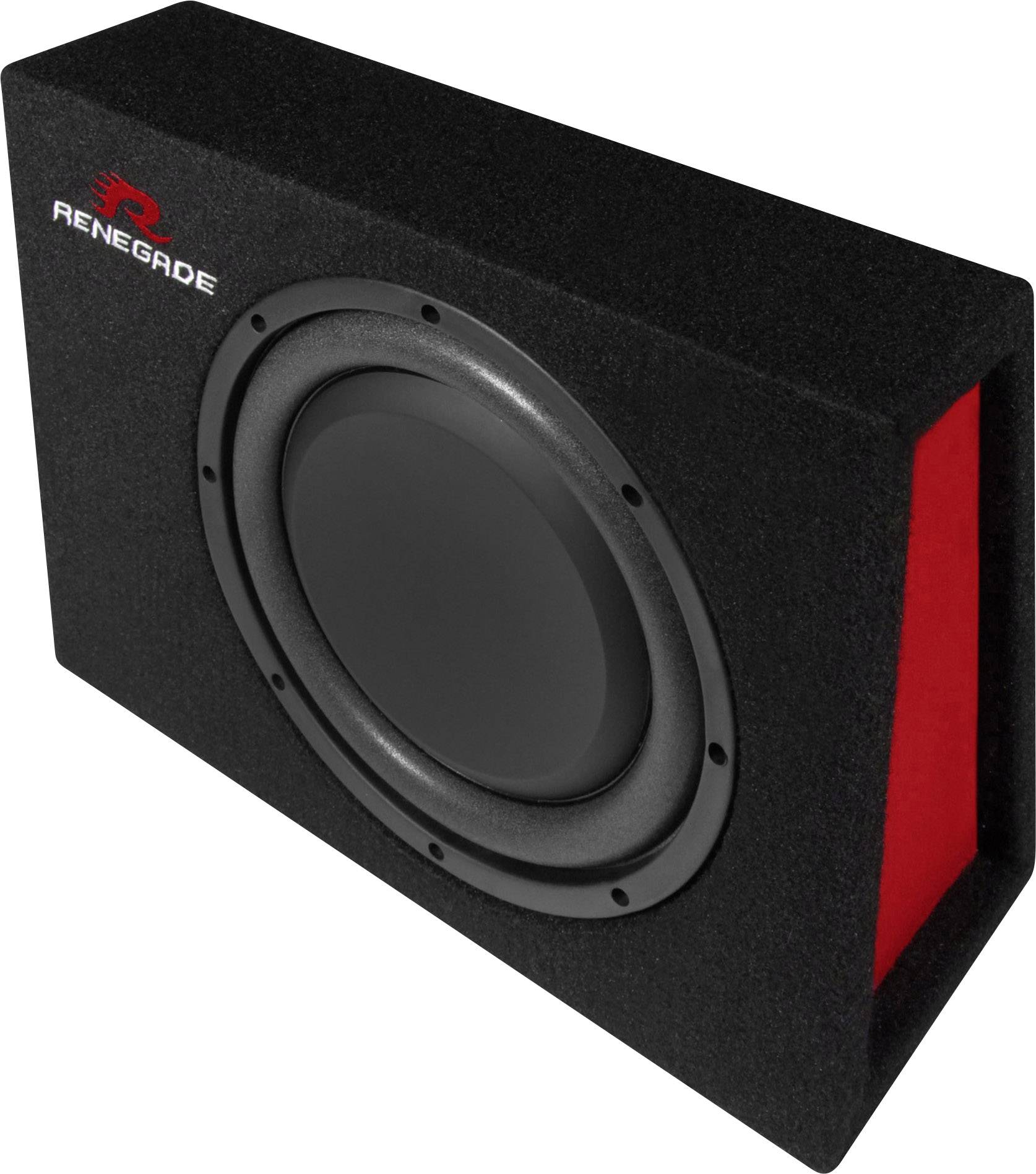 Černý subwoofer v obdélníkovém pouzdře s červeným bočním dílem, značky 'Renegade'. Vhodný pro instalaci do automobilů.