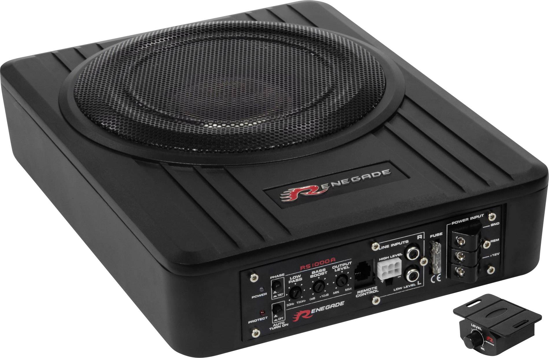 Černý subwoofer do auta od Renegade s ovládacím panelem a přípojkami, obdélníkový tvar s kulatým reproduktorem nahoře. Ovladače jsou samostatné.
