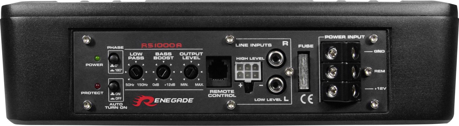 Pohled zezadu na zesilovač, model RS1000A od značky Renegade. Zobrazuje vstupy, výstupy, ovládací prvky a napájecí konektor.