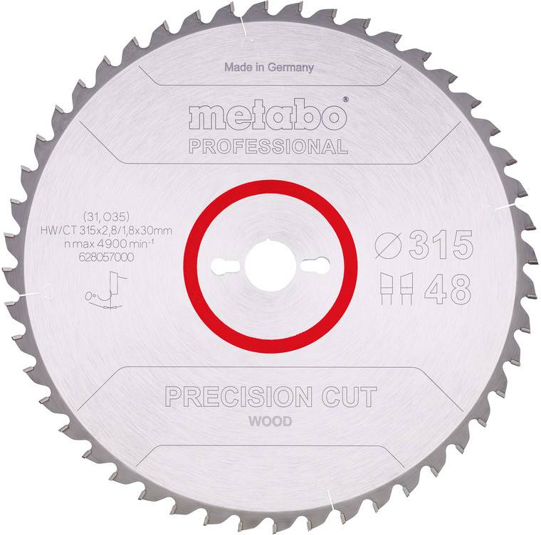 Stříbrný profesionální přesný řezací list na dřevo pro kruhovou pilu Metabo, označený „Vyrobeno v Německu", průměr 315 mm, 48 zubů, s červeným středovým kroužkem.