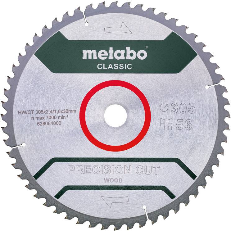 Kovový pilový kotouč označený 'metabo CLASSIC' a 'PRECISION CUT wood', s červeným středovým kroužkem a značkami zubů, zobrazený čelně na bílém pozadí.