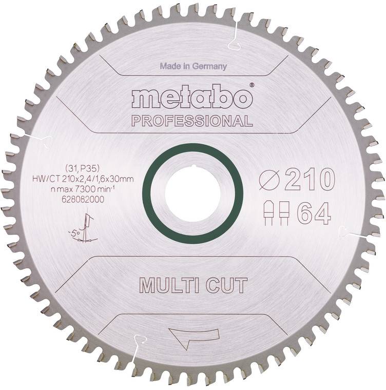 Kovová rotační pilka s kruhovým označením „metabo PROFESSIONAL" a „MULTI CUT," o průměru 210 mm, 64 zuby a výrobou v Německu.