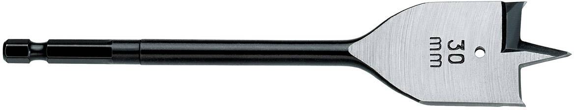 Plochý vrták o průměru 30 mm, vhodný pro práci se dřevem, s černou stopkou a stříbrnou špičkou.