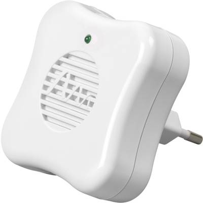 Bílé zařízení na elektrickou zástrčku s větracími otvory a zeleným světlem, pravděpodobně elektrický odpuzovač hmyzu.