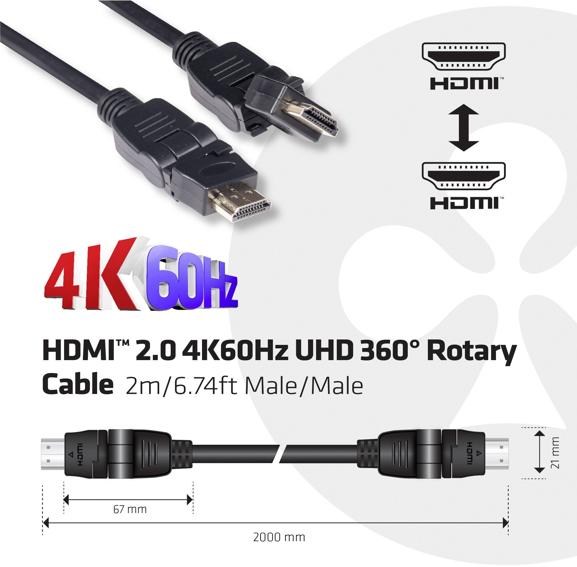 Dva HDMI kabely s nápisem '4K 60Hz'. Text: 'HDMI 2.0 4K60Hz UHD 360° otočný kabel, 2m/6,74 stop Samec/Samec'.