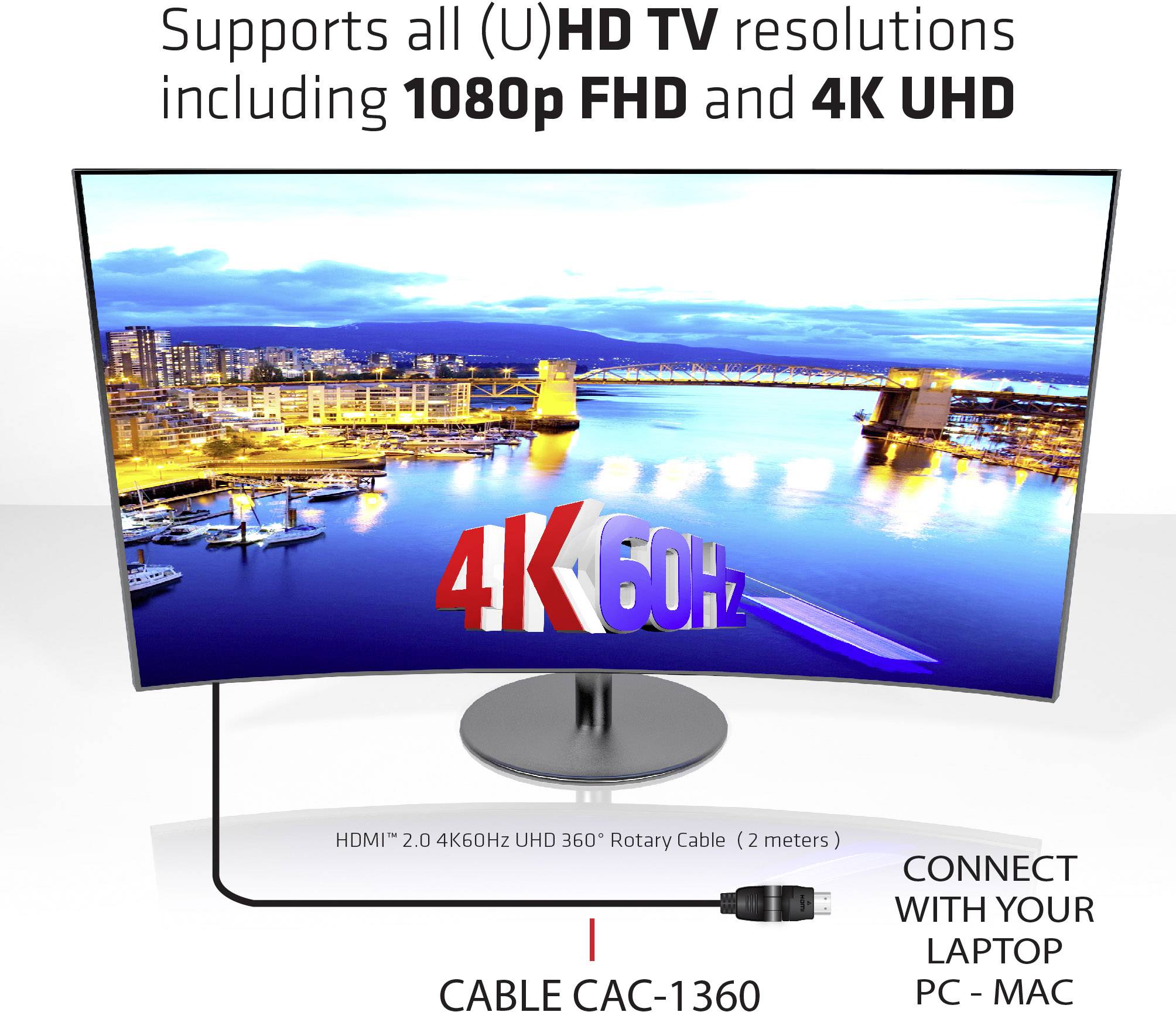 Monitor zobrazuje noční panorama města. Text: 'Podporuje všechna (U)HD TV rozlišení včetně 1080p FHD a 4K UHD'.
