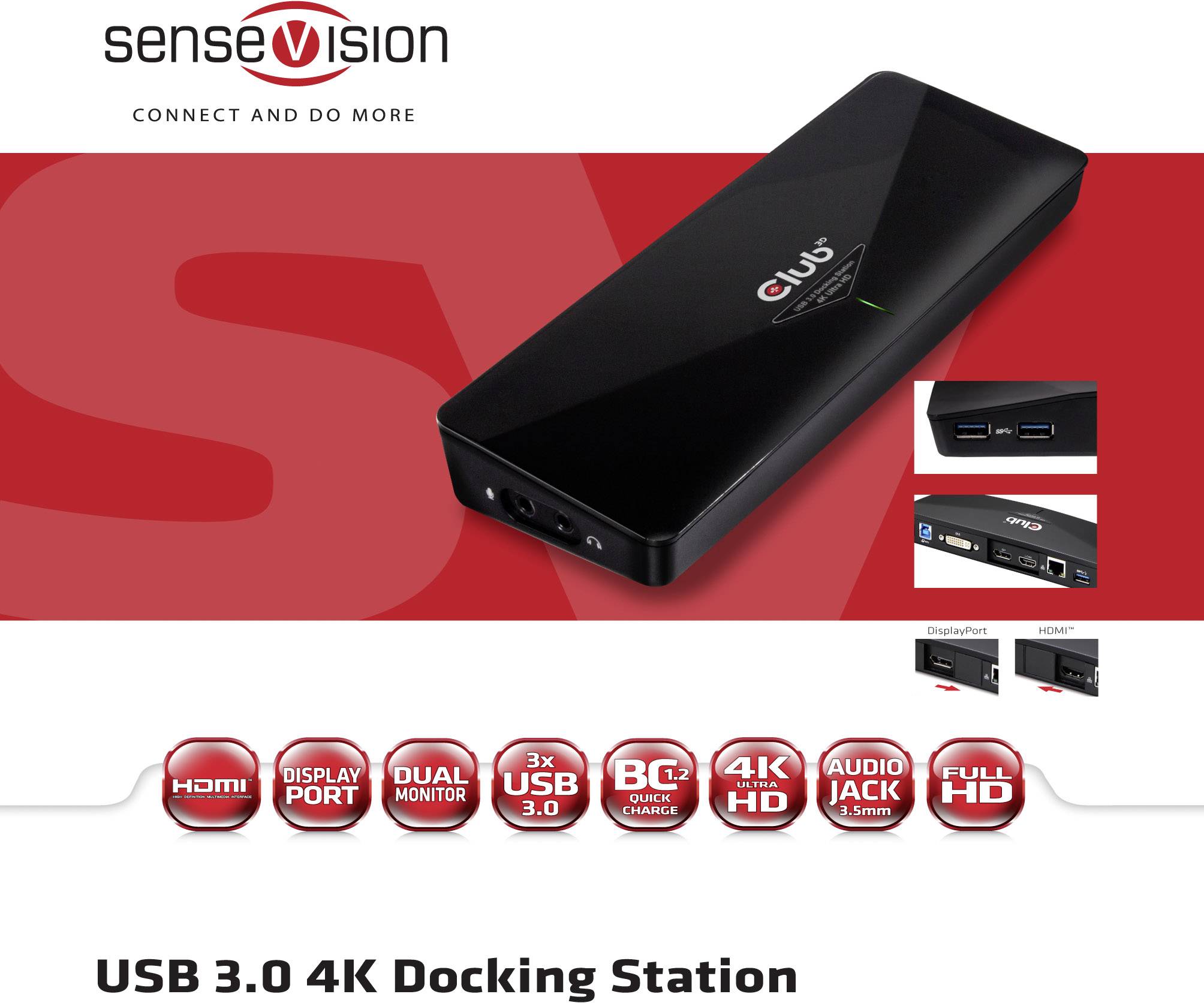 USB 3.0 4K dokovací stanice s HDMI, DisplayPort, dual monitor, třemi USB 3.0 porty, BC 1.2, audio výstupem, pro Full HD/4K.