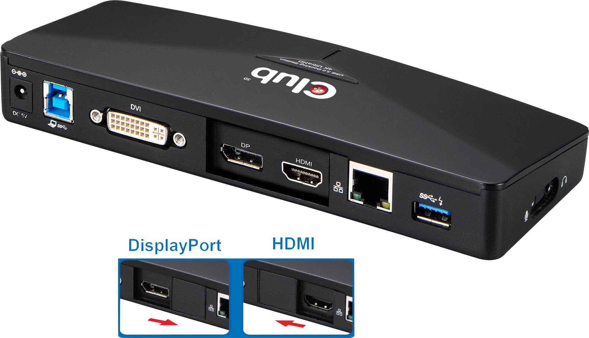 Černý USB hub s konektory pro DVI, DisplayPort, HDMI, Ethernet a USB. Zobrazuje detailní pohledy na konektory DisplayPort a HDMI.