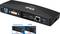 Černý USB hub s konektory pro DVI, DisplayPort, HDMI, Ethernet a USB. Zobrazuje detailní pohledy na konektory DisplayPort a HDMI.