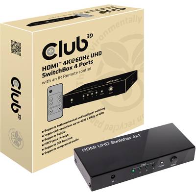 HDMI switch s 4 porty od Club 3D, vhodný pro 4K při 60 Hz, včetně IR dálkového ovládání. Zobrazeny jsou obal i zařízení.
