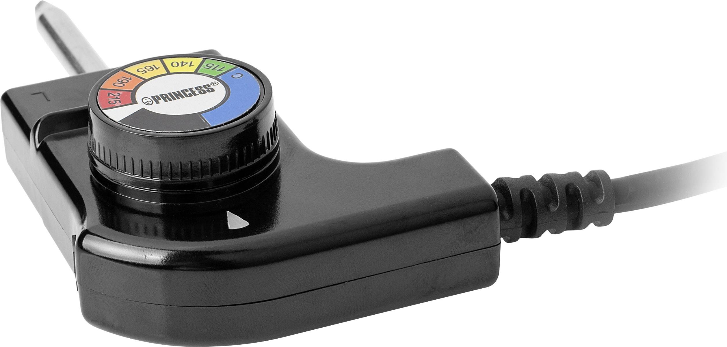 Černý teplotní regulátor pro elektrickou grilovací desku s barevně označeným ovladačem pro nastavení teploty a zástrčkou.