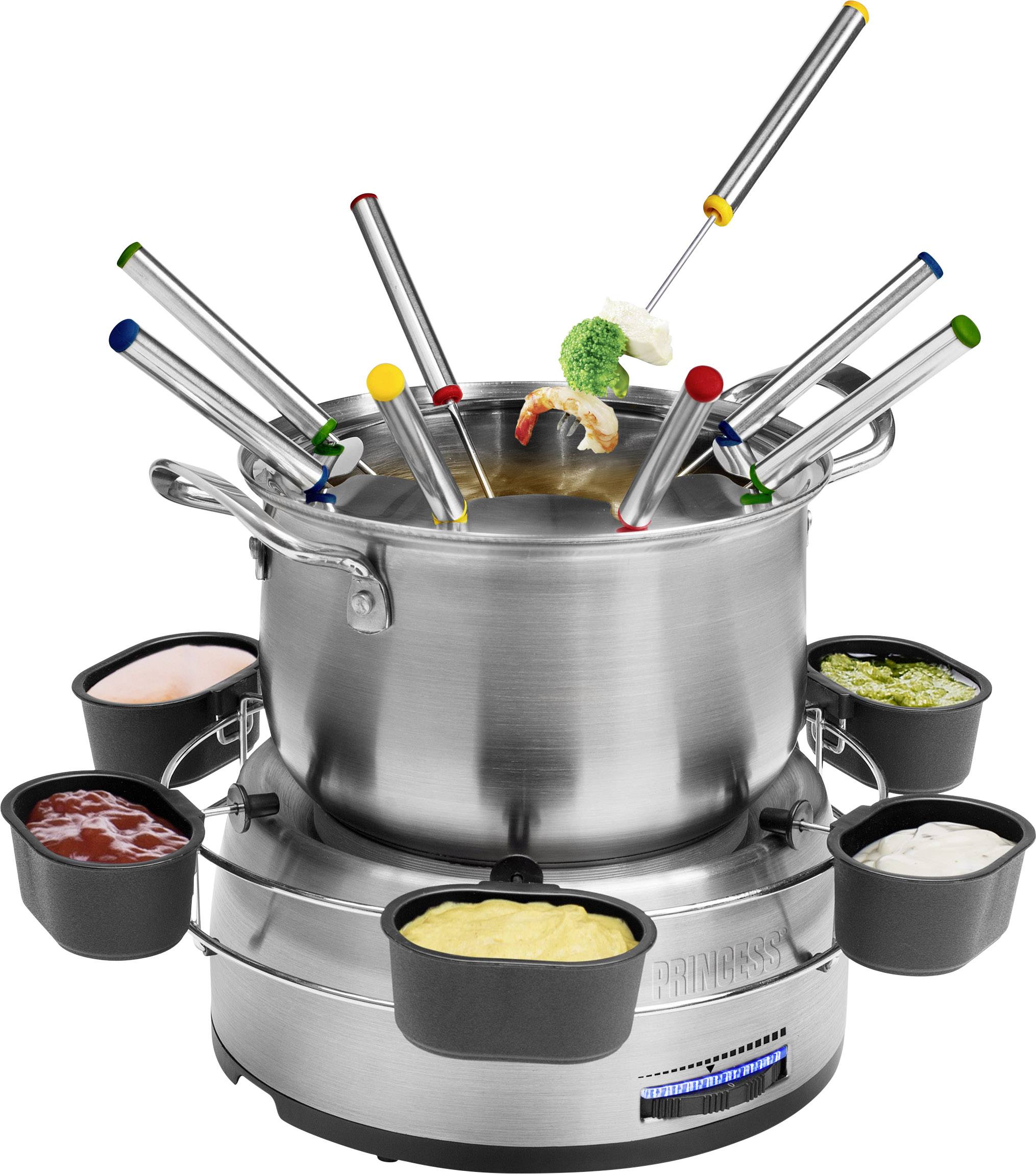 Stříbrný fondue hrnec s osmi vidličkami, každá s barevným označením. Kolem hrnce je rozmístěno šest černých misek se šťávami.