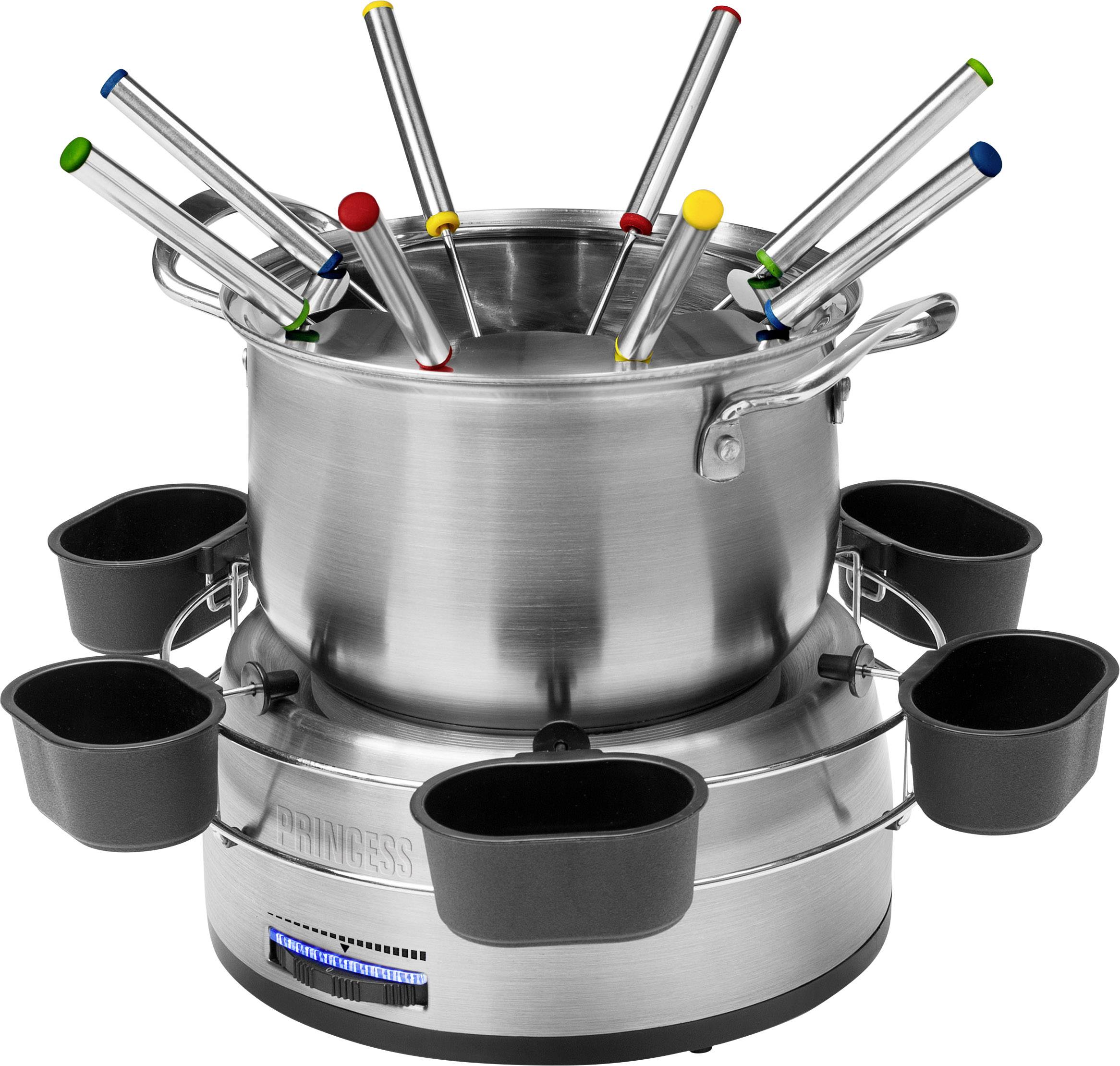 Velký nerezový hrnec s několika vidličkami, vhodný pro fondue. Hrnec stojí na elektrickém podstavci s malými omáčkovými mískami.