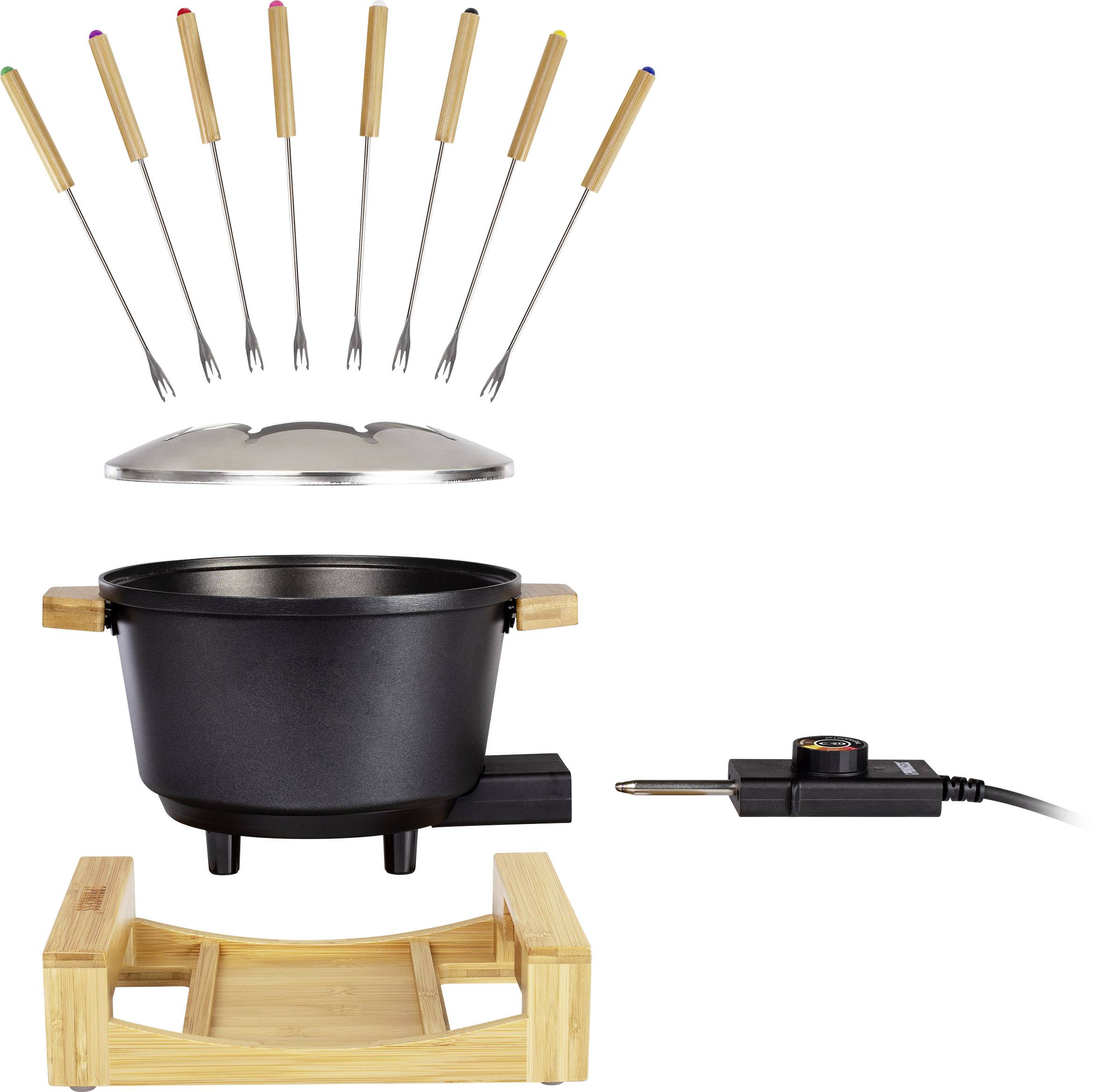 Elektrická fondue sada skládající se z fondue hrnce s dřevěnými držadly, pokličkou, 8 vidličkami s barevnými konci, termostatem a dřevěným stojanem.
