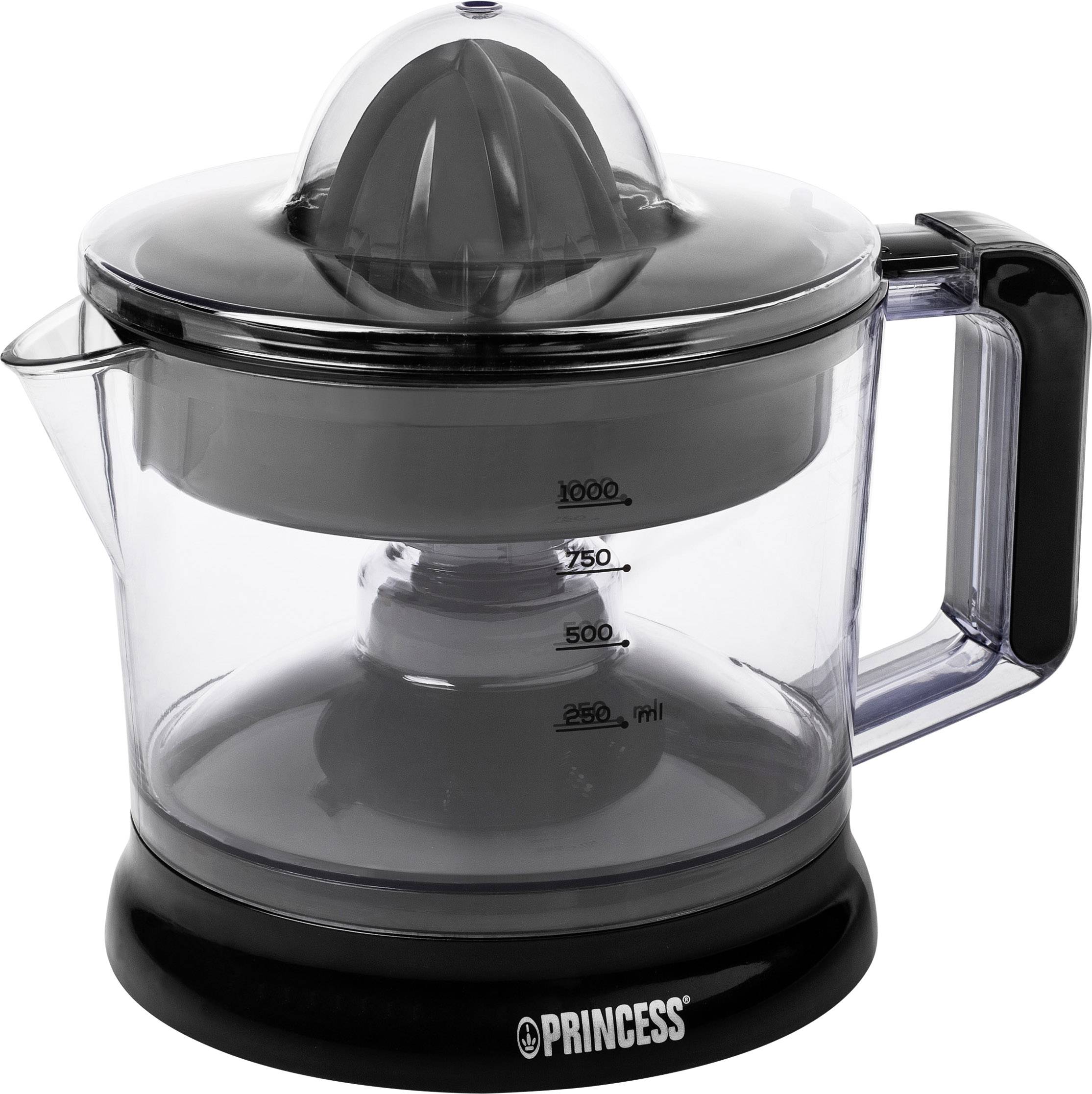 Elektrický citrusový lis se skleněnou nádobou, stupnicí od 250 do 1000 ml, černým víkem a rukojetí, značka 'Princess'.