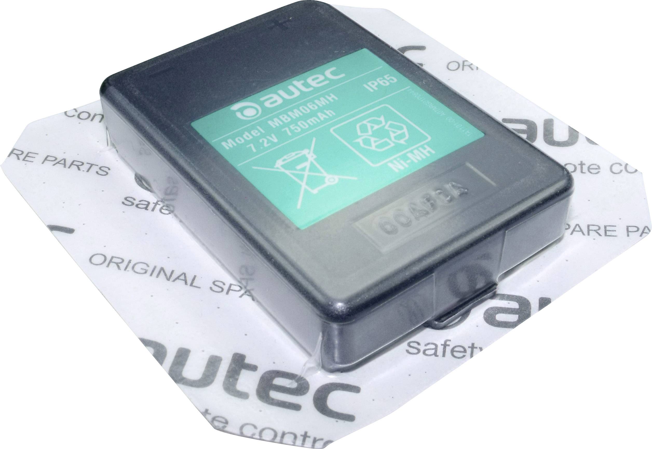 Obdélníková baterie se zelenou etiketou, model 'Made06Li', údaje: '9,6V 1500mAh', logo a označení 'IP65'. Zabalená v ochranné fólii Autec.