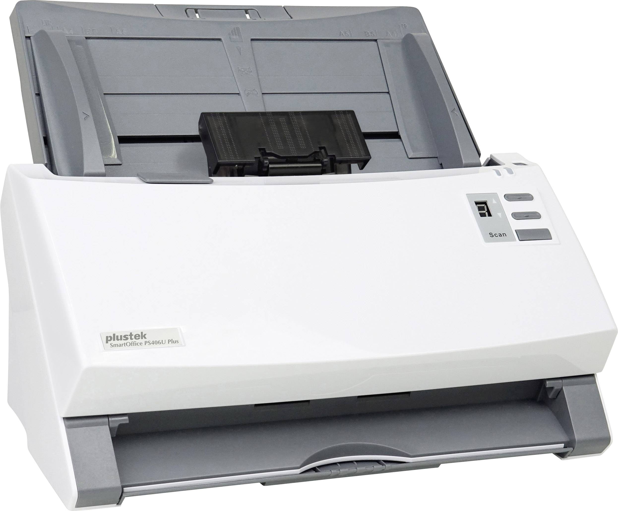 Bílý kompaktní dokumentový scanner od Plustek s podavačem dokumentů nahoře a výstupním zásobníkem dole.