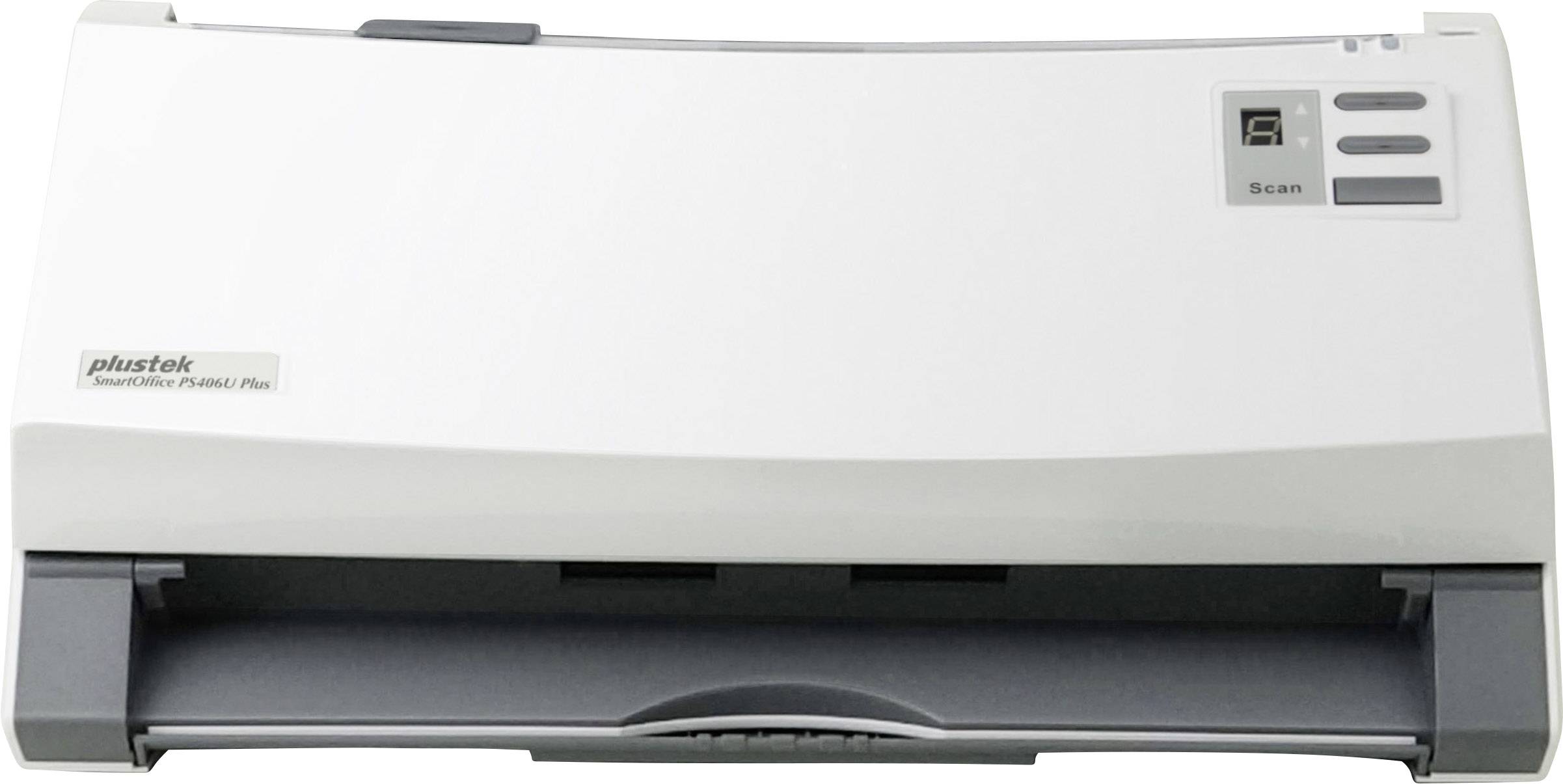 Skener Plustek v bílém provedení s ovládací skenační tlačítkem a LCD displejem, vhodný pro skenování dokumentů v kanceláři nebo doma.