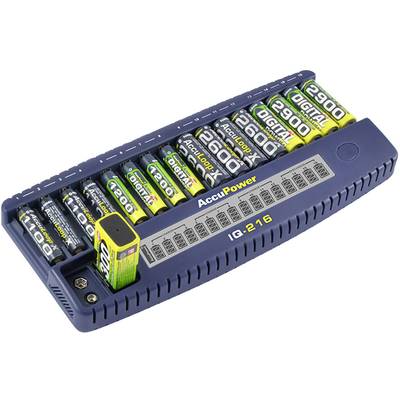 Nabíječka s několika bateriemi AA a AAA. Nápis "AccuPower IQ-216". Některé baterie označeny nápisem "DIGITAL", kapacity jsou viditelné.