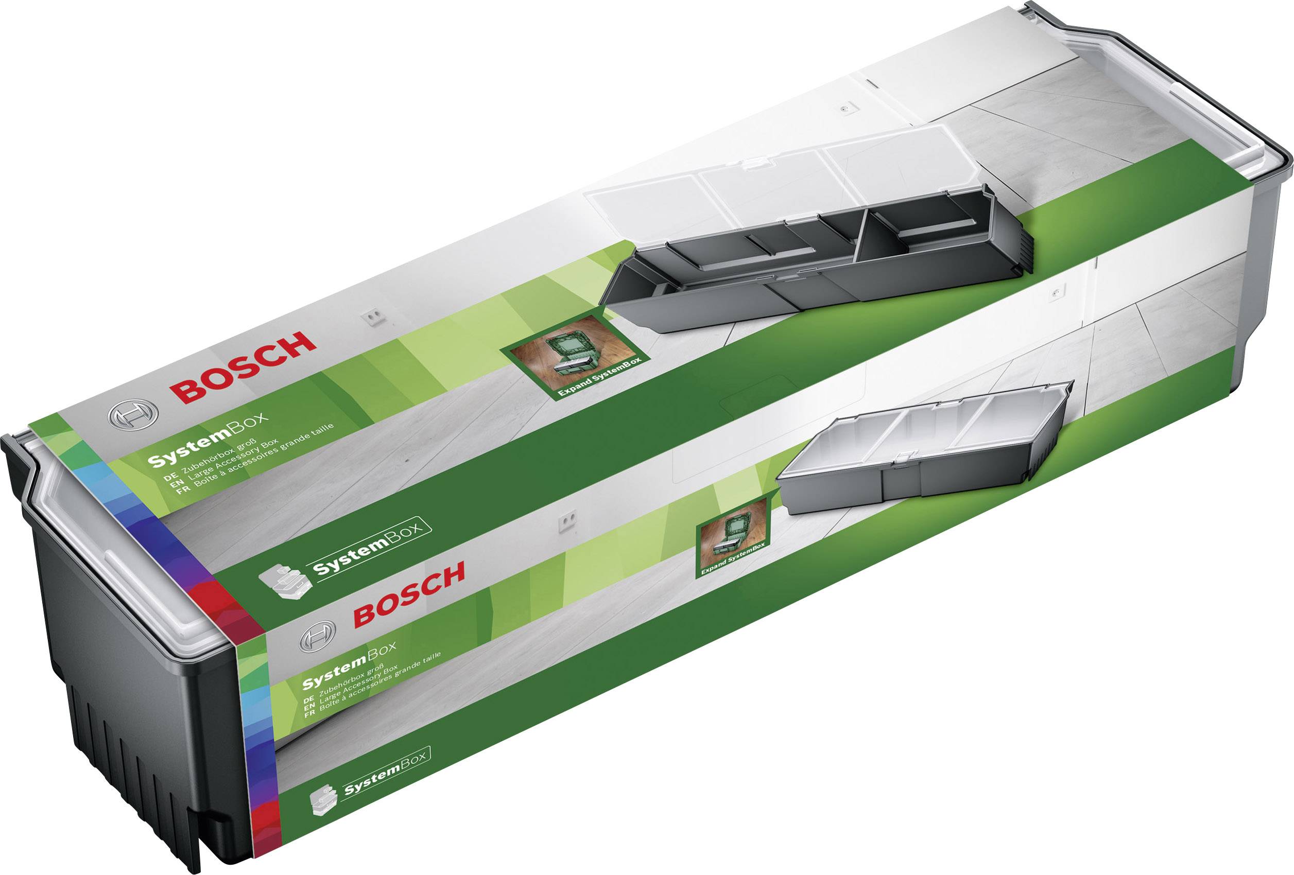 Balení Bosch SystemBox. Obdélníkový kontejner s designem v zelené a šedé barvě. Obsahuje modulární úložný prostor pro nářadí.