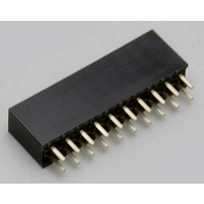 Černený elektronický konektor s zlatými kolíky, vodorovně umístěný na šedém pozadí.