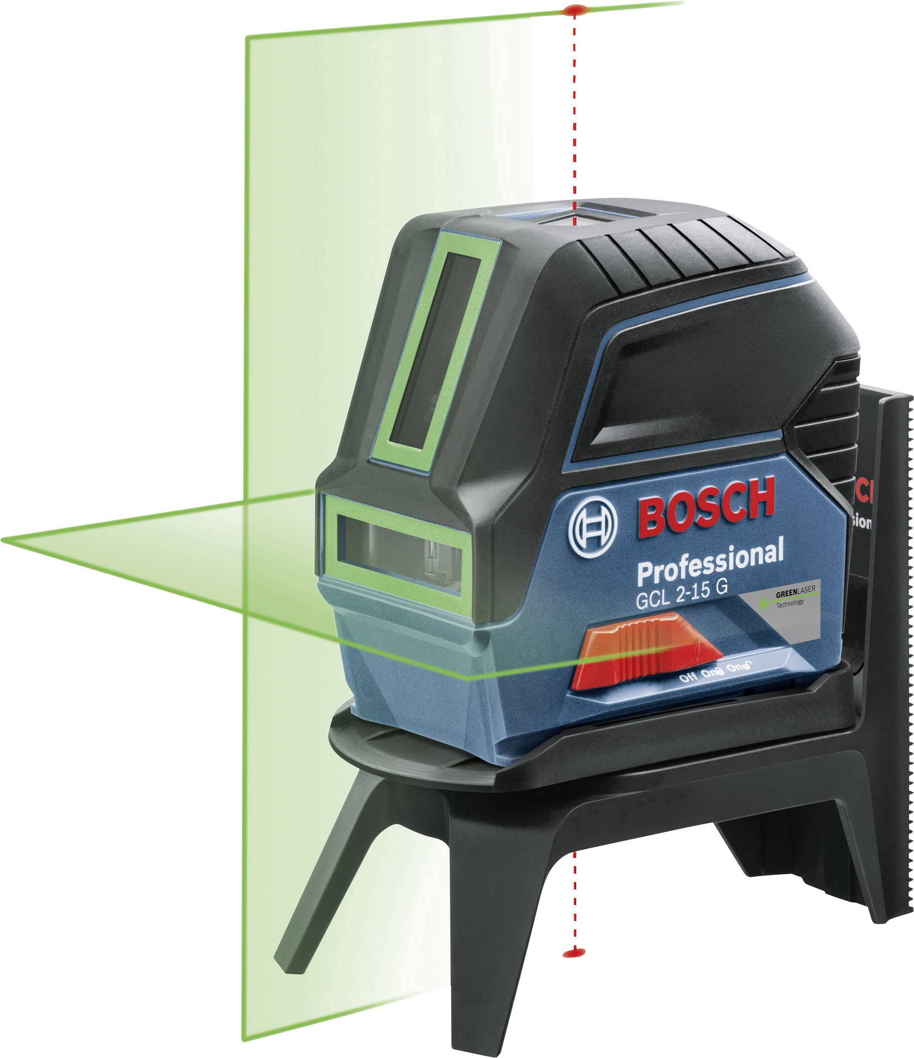 Křížový liniový laser v černé a modré barvě na stativu. Logo Bosch je viditelné. Promítá zelený světelný kříž, který ukazuje vertikální a horizontální linie.