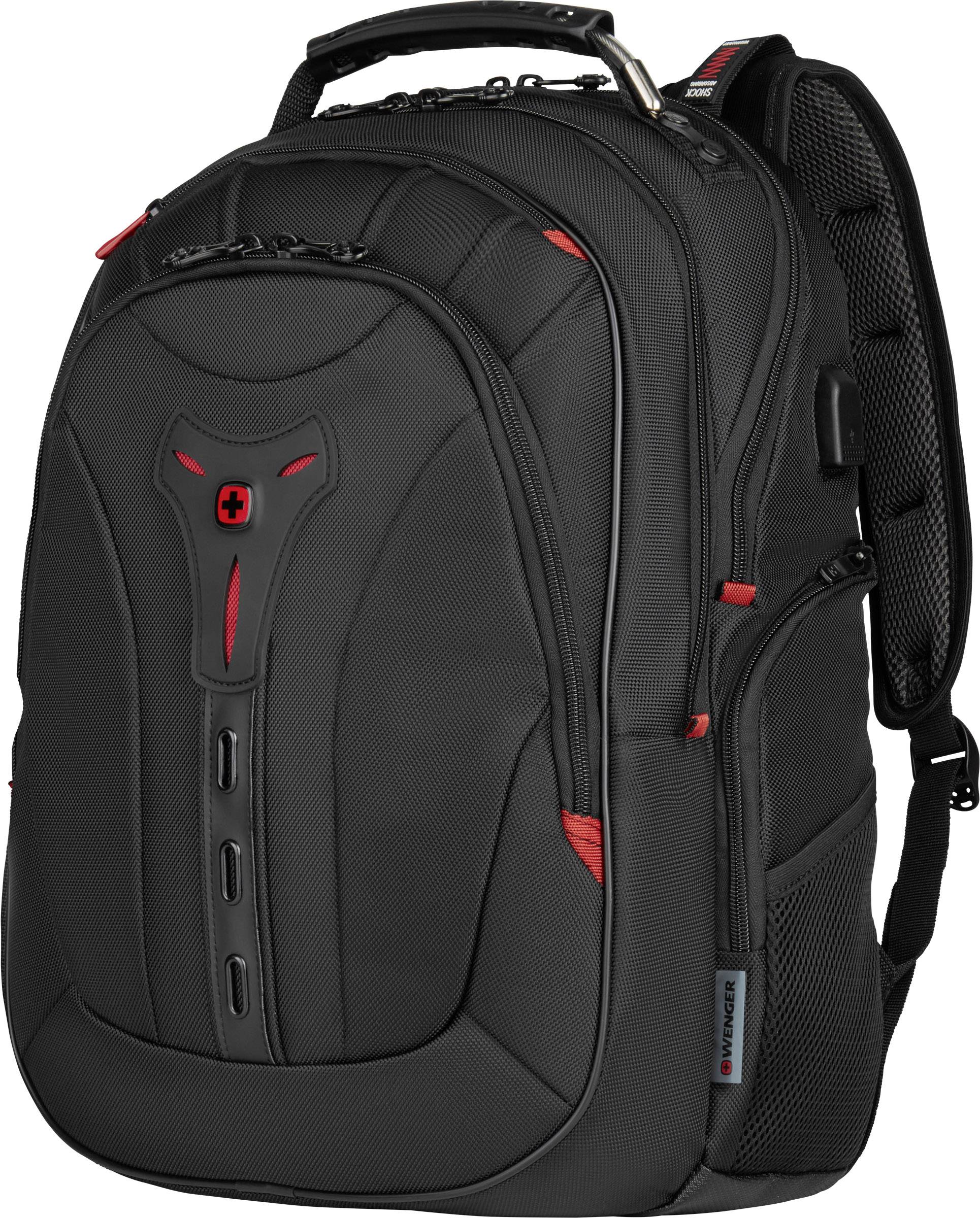Černý batoh s červenými akcenty, robustní design s několika kapsami a polstrovanými popruhy. Ideální pro cestování nebo práci.