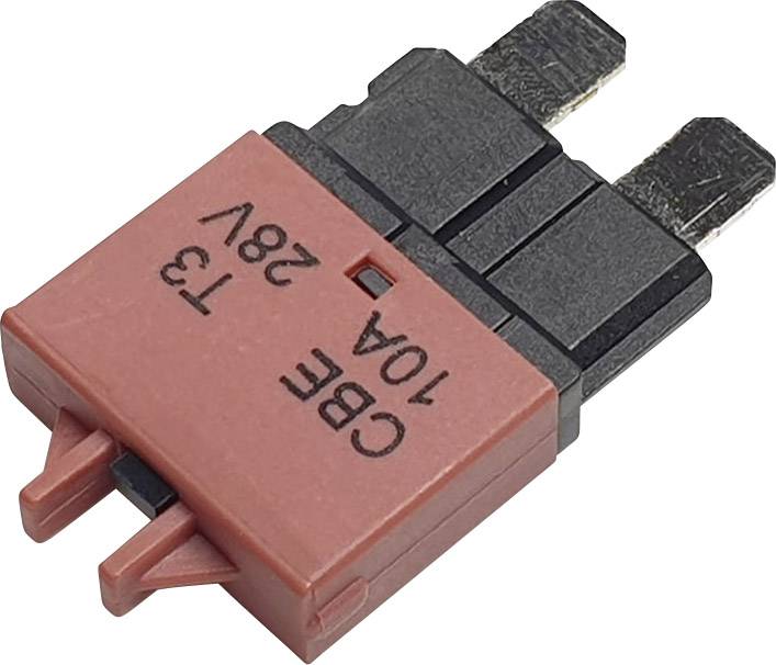 Červený, obdélníkový pojistkový jistič 10A pro 28V systémy se dvěma kovovými kontakty. Nápis: 'CBE T3 10A 28V'.