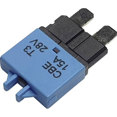 Modrý 15A jistič s nápisem 'CBE 15A T3 28V', dvoupólový, pro elektrické aplikace.