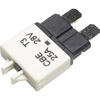 Bílý a černý jistič s nápisem 'CBE 25A 28V'. Vhodný pro elektrické aplikace.