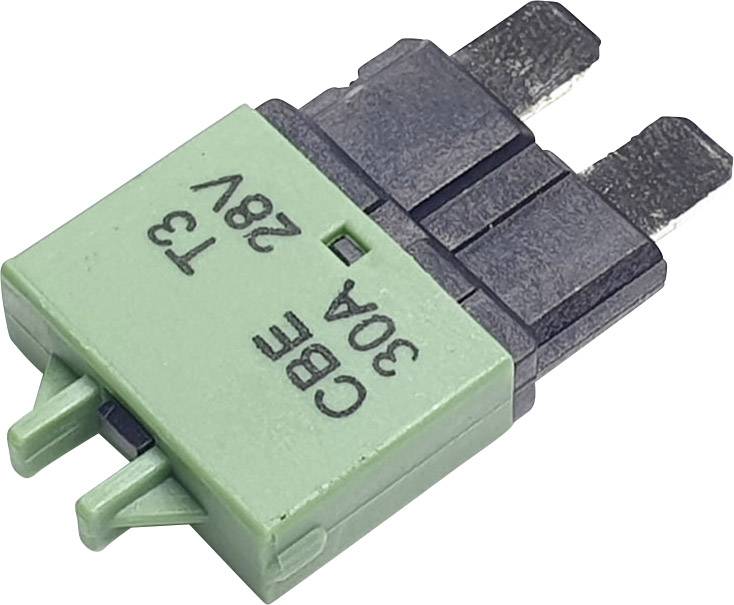 Zelený CB3 jistič s nápisem '30A 28V CBE T3'.