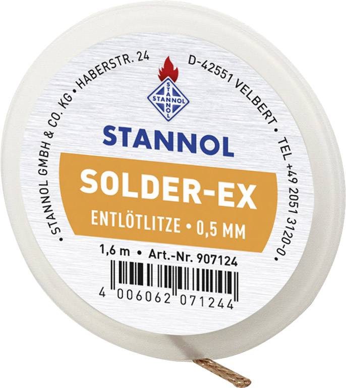 Solder-Ex odsávací lanko od firmy Stannol, tloušťka 0,5 mm, délka 1,6 m, katalogové číslo 907124.
