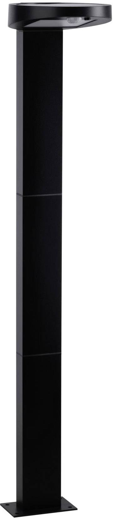Černá, moderní stojací lampa s elegantním, obdélníkovým designem, vhodná do exteriéru, vykazuje minimalistický styl.