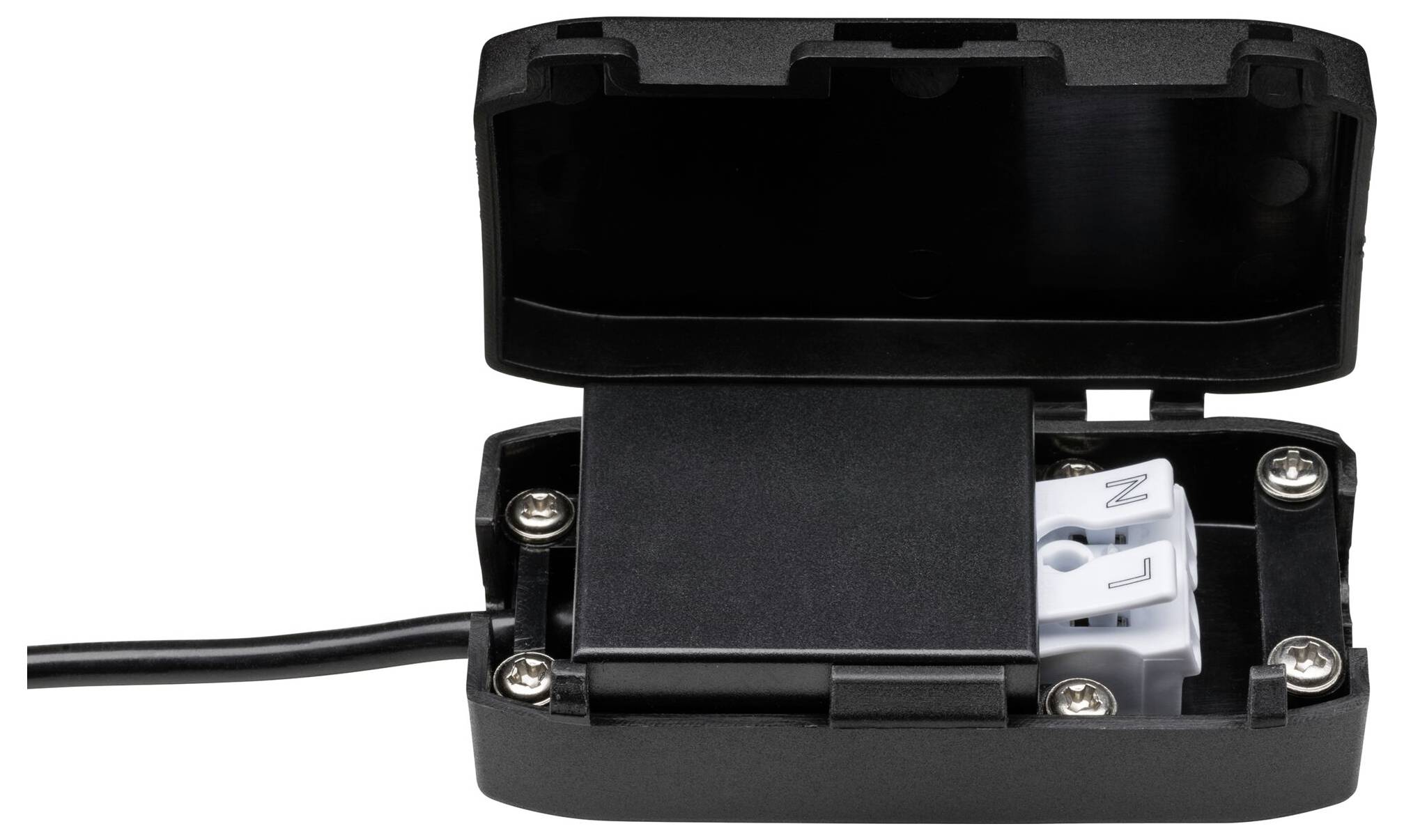 Otevřený černý kryt s plastovým krytem odhaluje vnitřní kabeláž a bílou svorku s označeními 'N' a 'L'.