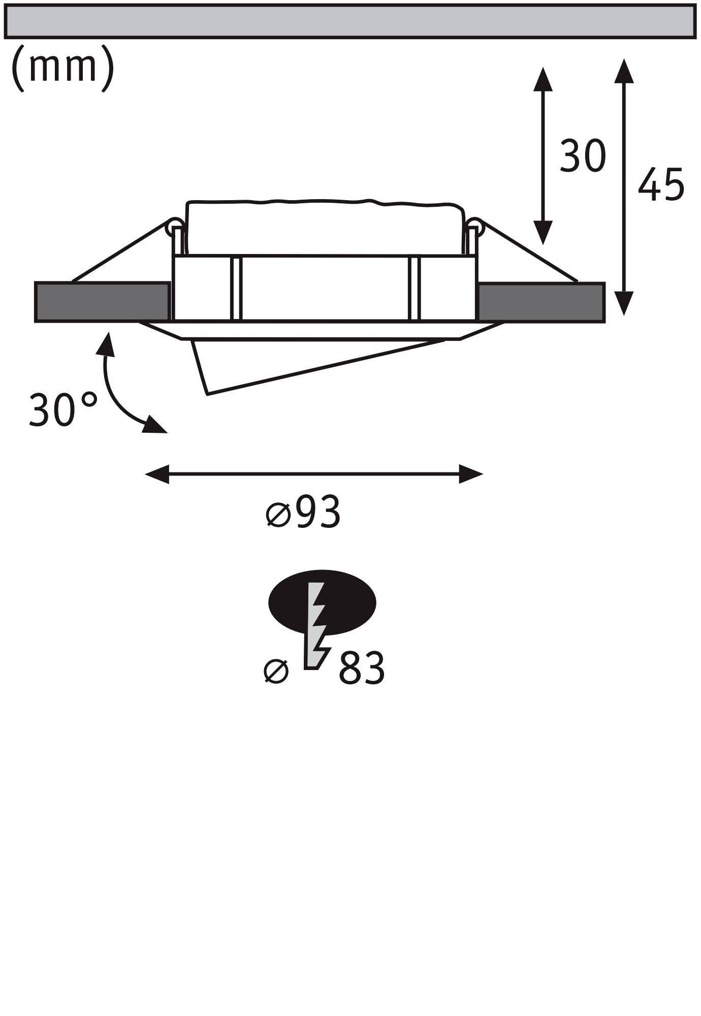 Diagram vestavného bodového světla. Zobrazuje výškové rozměry (45 mm celkem), úhel naklonění (30°) a průměr montážního výřezu (83 mm).