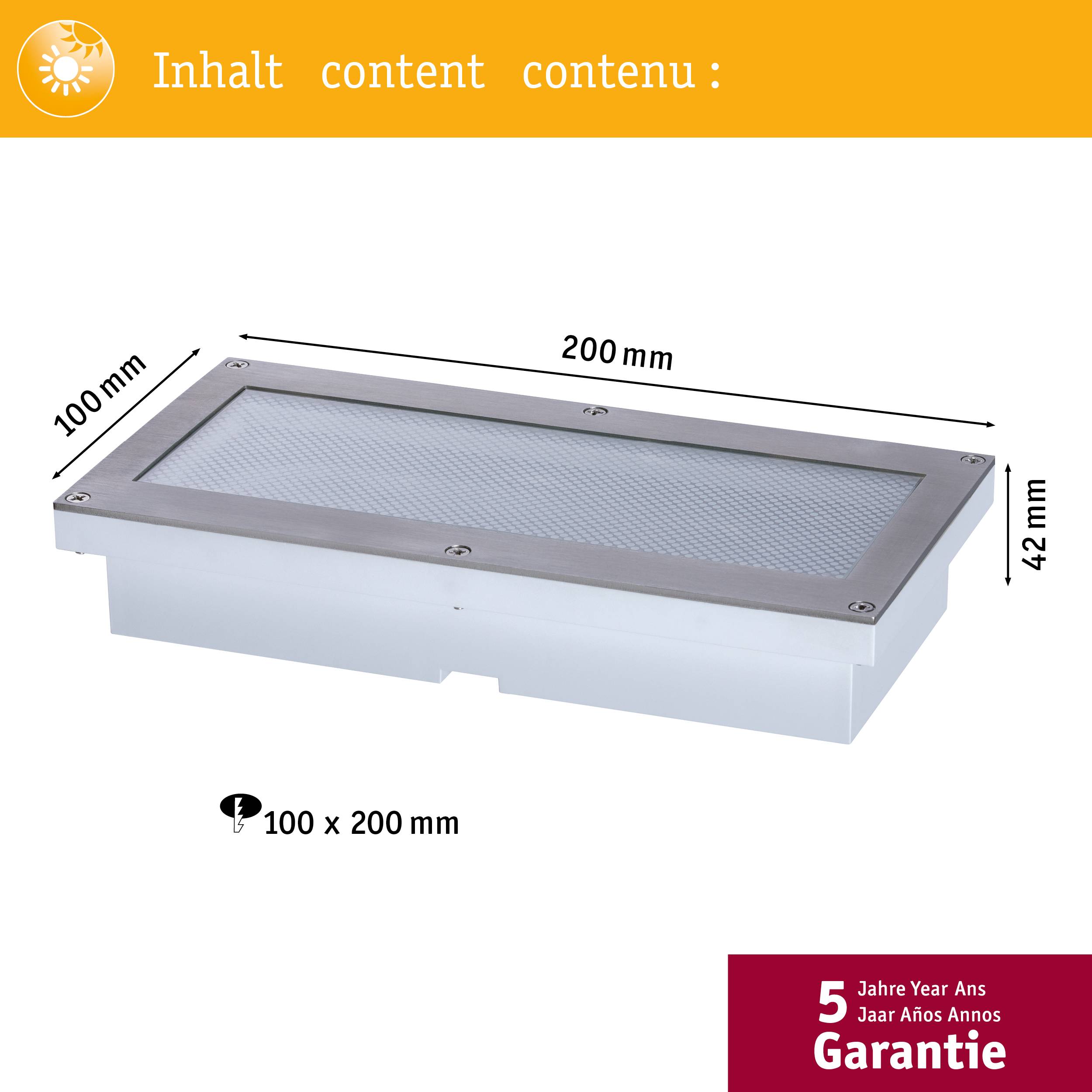 Obdélníkové LED podlahové osvětlení o rozměrech 200 x 100 x 42 mm, včetně 5leté záruky.