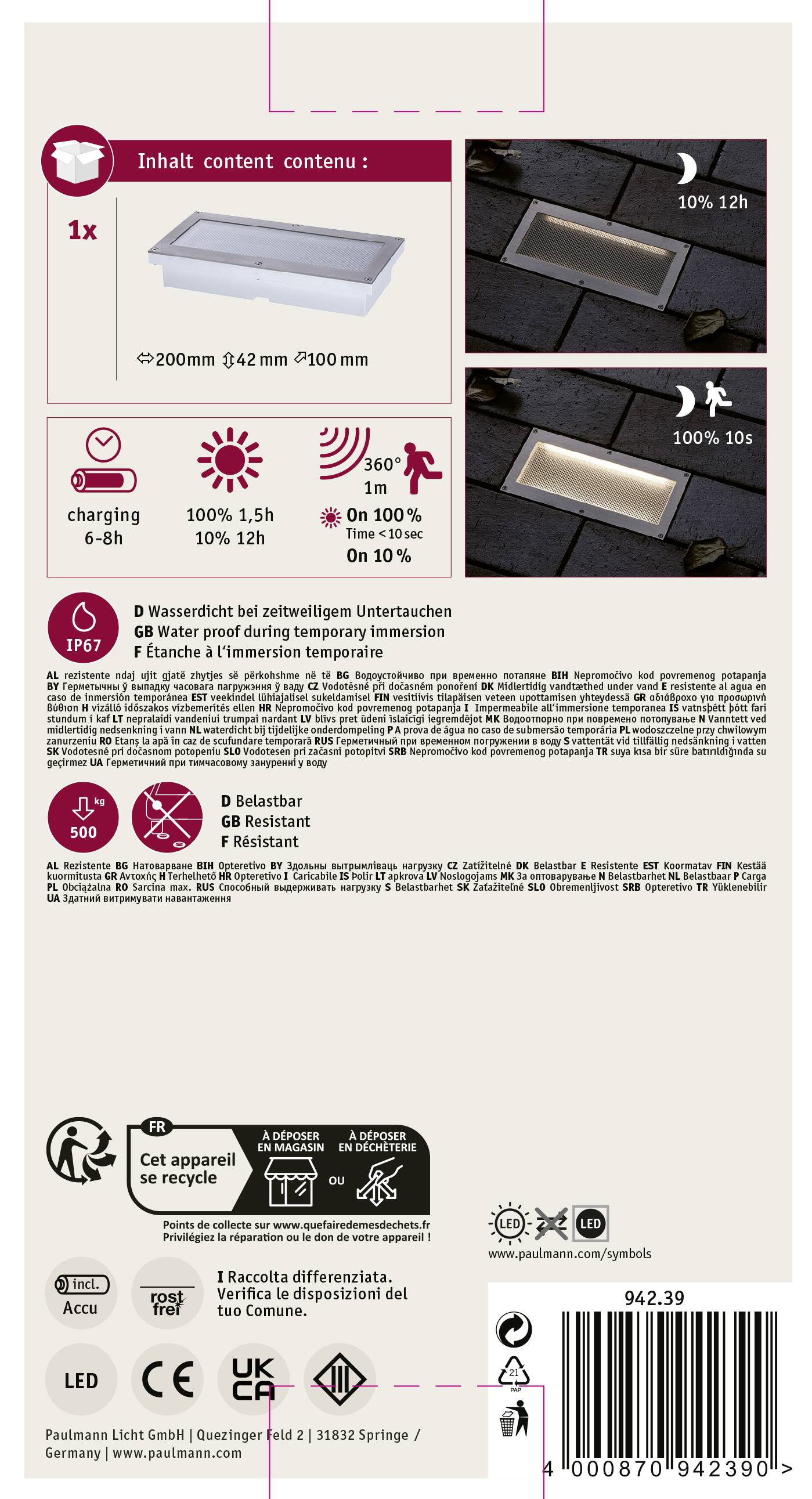 LED solární světlo do exteriéru, 200x42x100 mm. Včetně: 1 kus, doba nabíjení 6-8 hodin, svítivost až 12 hodin, odolné povětrnostním vlivům.