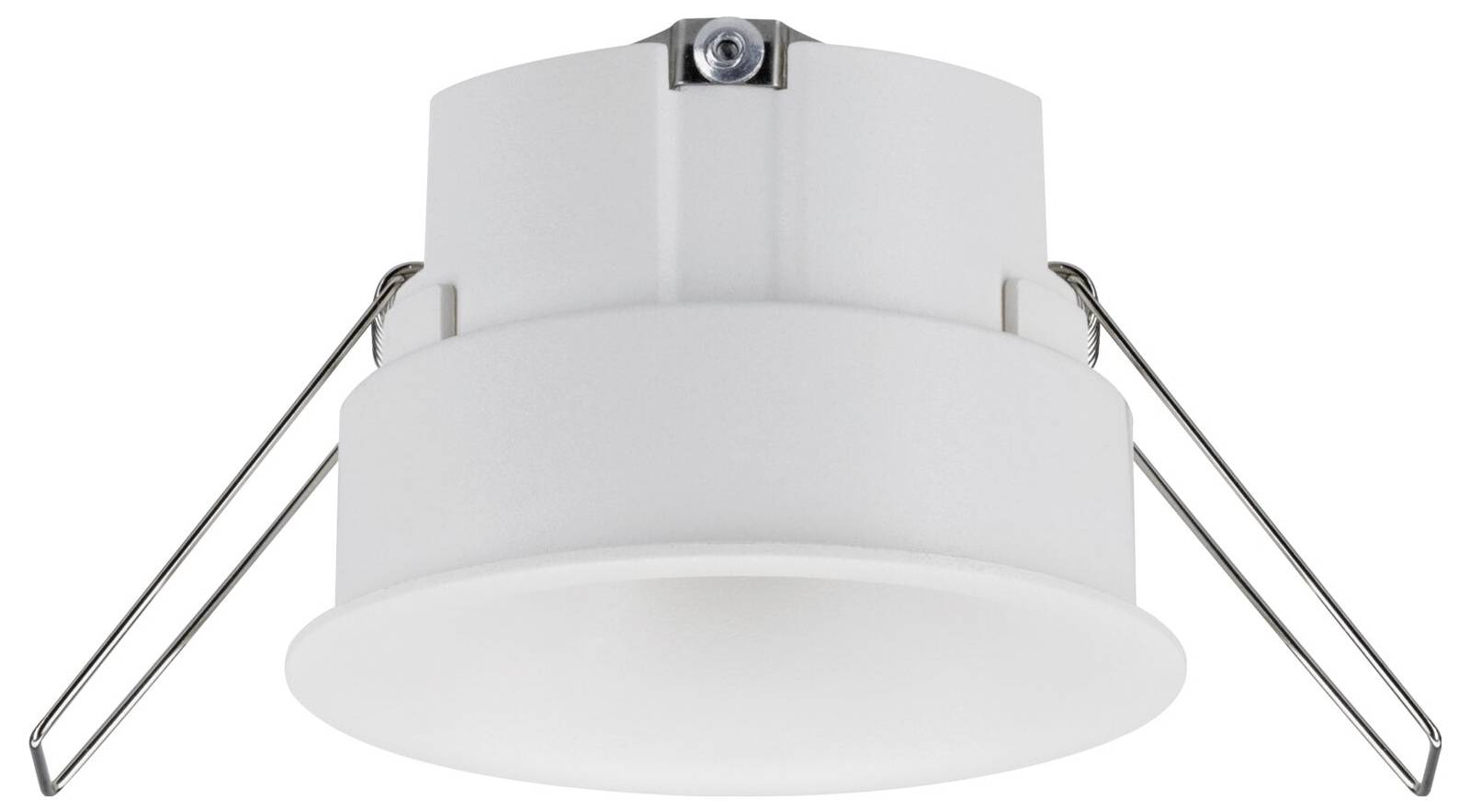 Bílý kulatý LED podhledový reflektor s kovovými svorkami pro montáž na strop.
