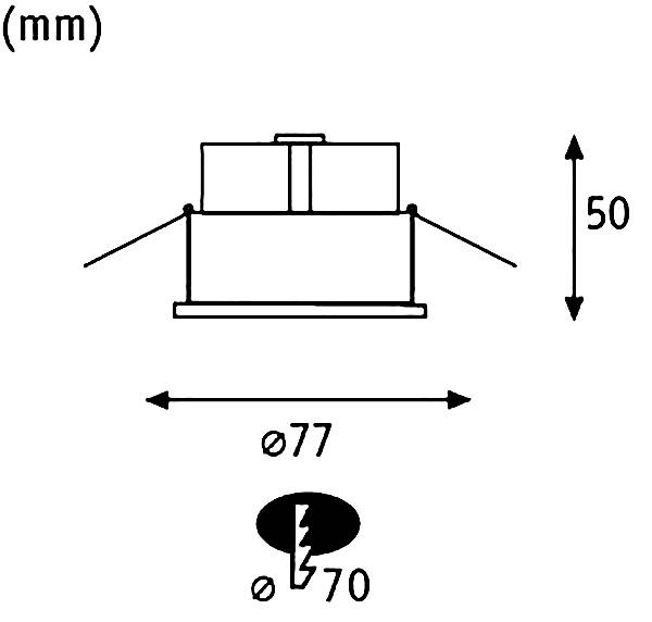 Technický výkres válcového objektu s rozměry: výška 50 mm, průměr nahoře 77 mm, výřez dole 70 mm.