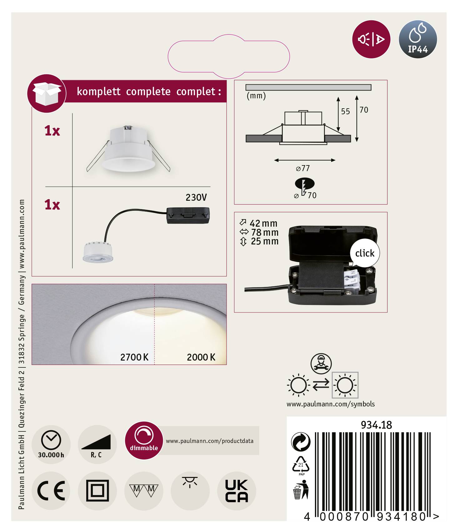 Balení LED svítidla, obsahující stmívatelné vestavné svítidlo, transformátor, krytí IP44, teplotu světla 2700K a 2000K.