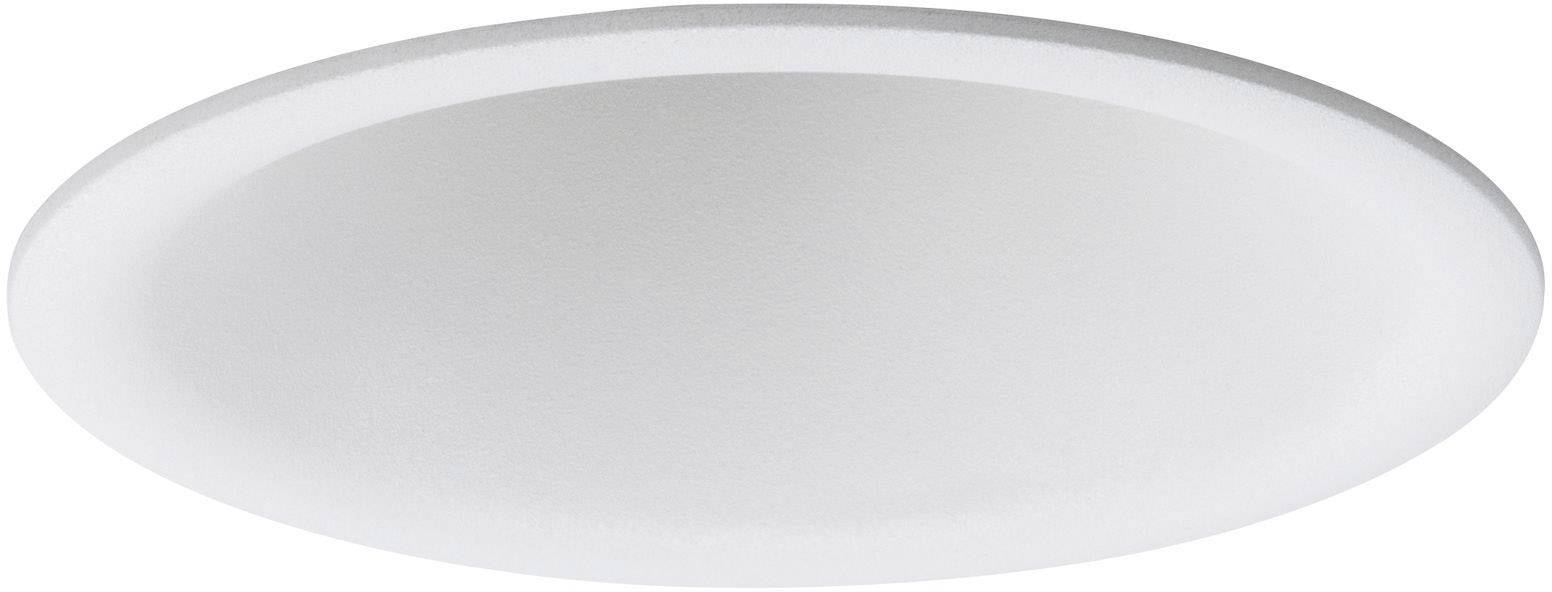 Kulatá, bílá stropní LED svítidlo s jednoduchým designem na neutrálním pozadí.