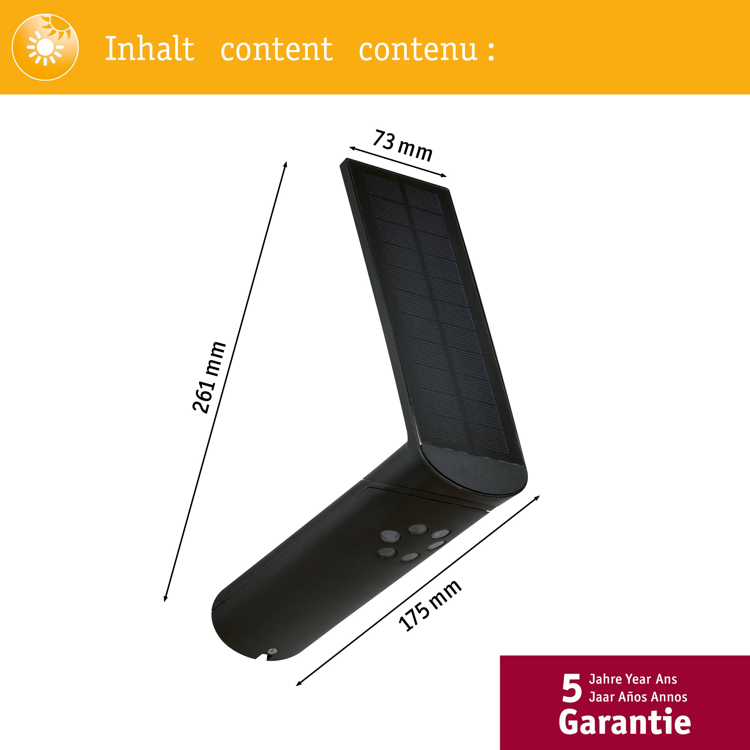 'Solární stojací lampa s solárním panelem, výška 261 mm, hloubka 175 mm, šířka 73 mm. 5 let záruky.'
