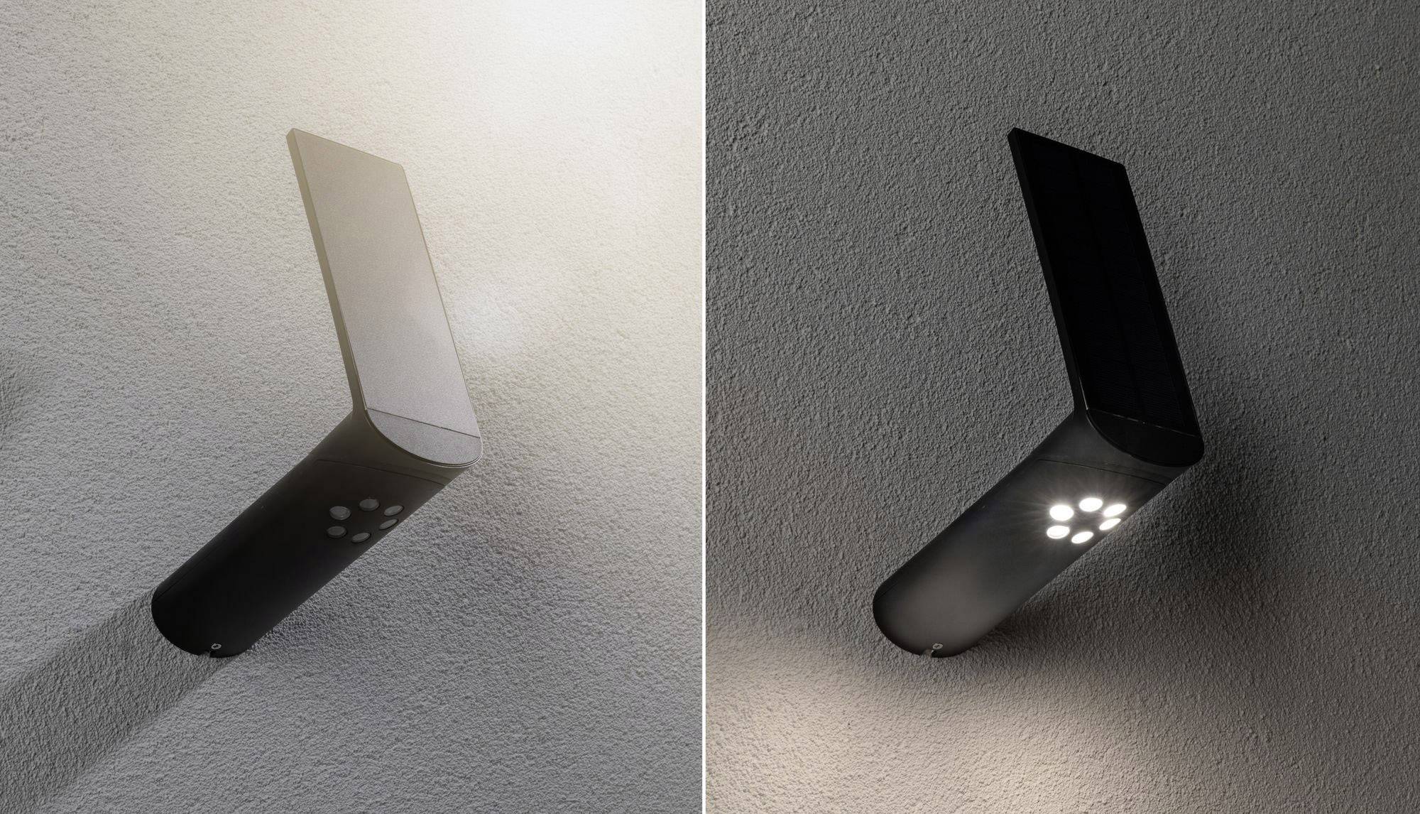 Solární lampa na zdi, vlevo ve dne a vpravo v noci rozsvícená, ukazuje solární modul a světelný výkon.