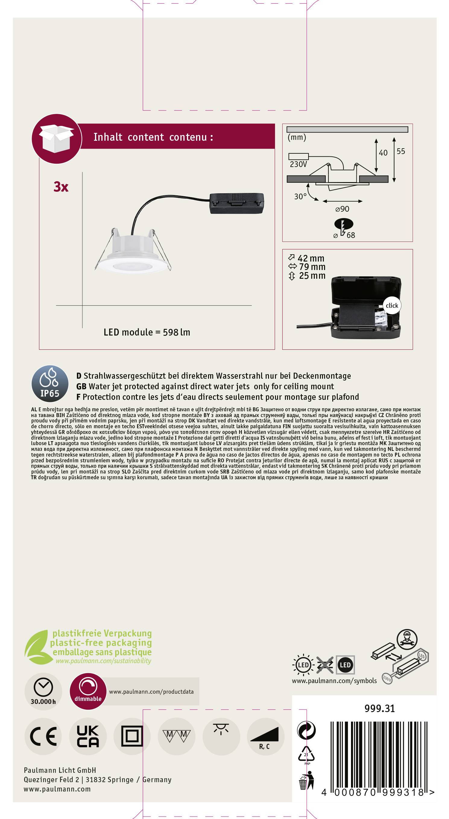 Obsah zahrnuje balení s LED svítidlem, montážním příslušenstvím a ochranou IP65. Rozměry výrobku: Ø 72 mm, vestavná hloubka 46 mm, příkon 5,5 W.