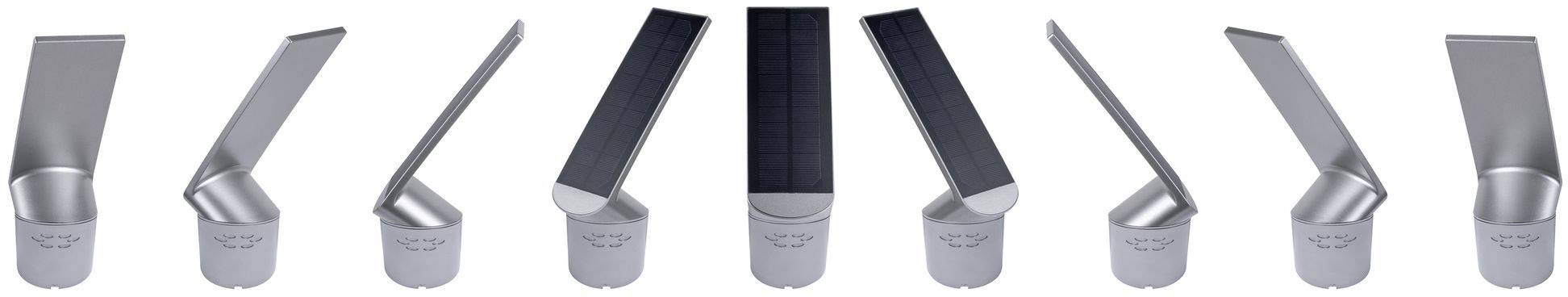 Několik pohledů na moderní kovový kohoutek s černou rukojetí. Různé úhly zobrazují design kohoutku.